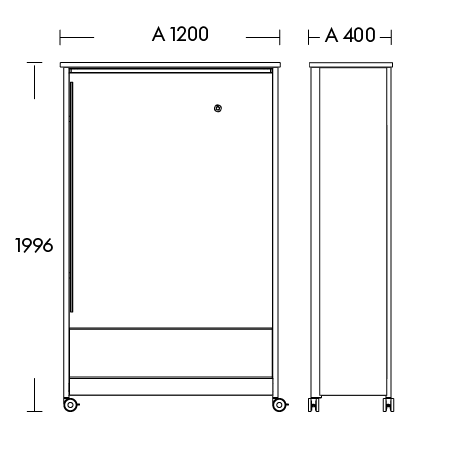 Technical drawing (Changing-room module with bench and mirror panel – covered in fabric)