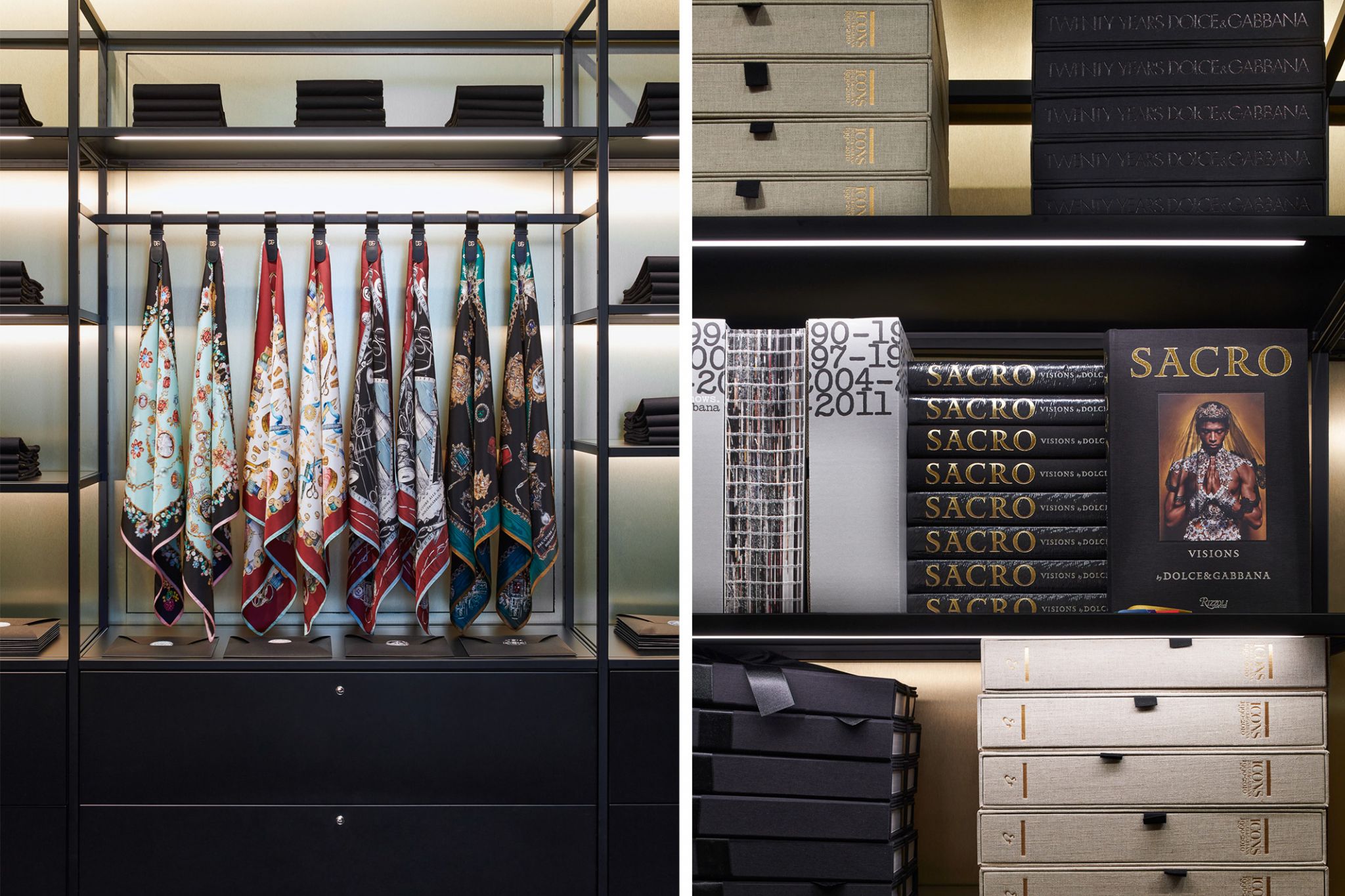 Ausgestellte Ware von Dolce&amp;Gabbana mit Visplay's Regalsystem im Palazzo Reale in Mailand.