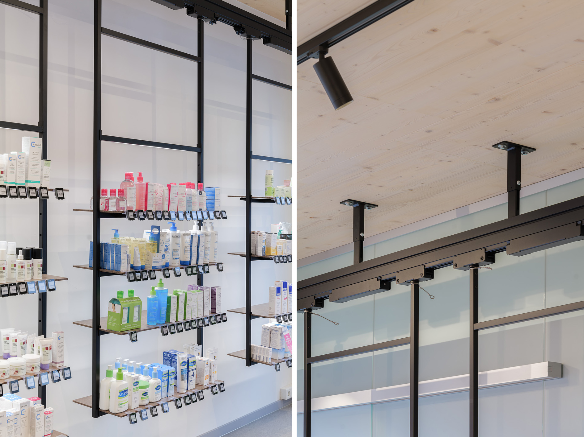 Le syst&egrave;me de rails de plafond Multi-Lane de Visplay utilis&eacute; dans la pharmacie Rasso.