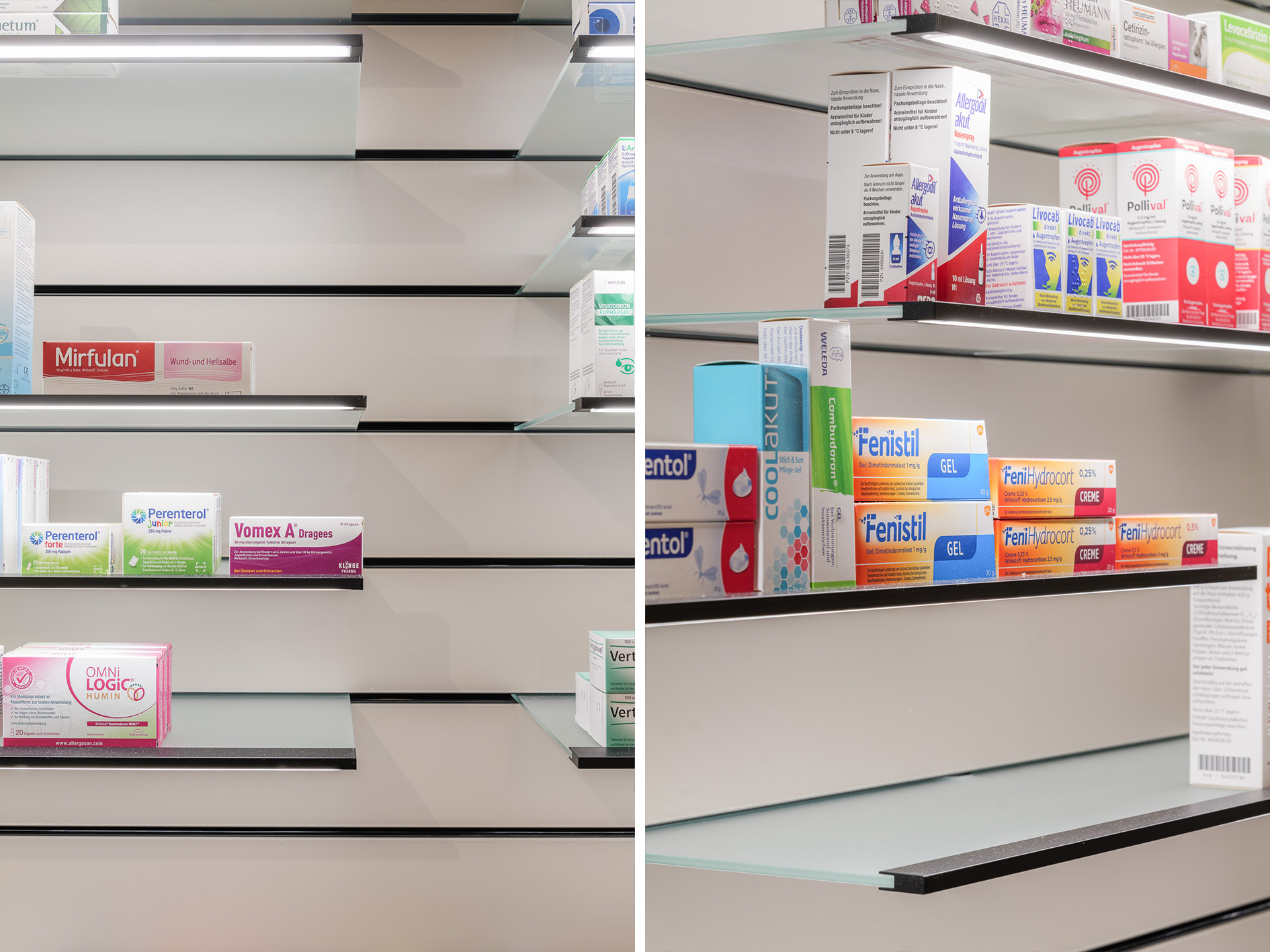 Le syst&egrave;me de support de marchandises minimaliste Invisible 6 de Visplay pr&eacute;sente les marchandises dans la pharmacie Rasso.