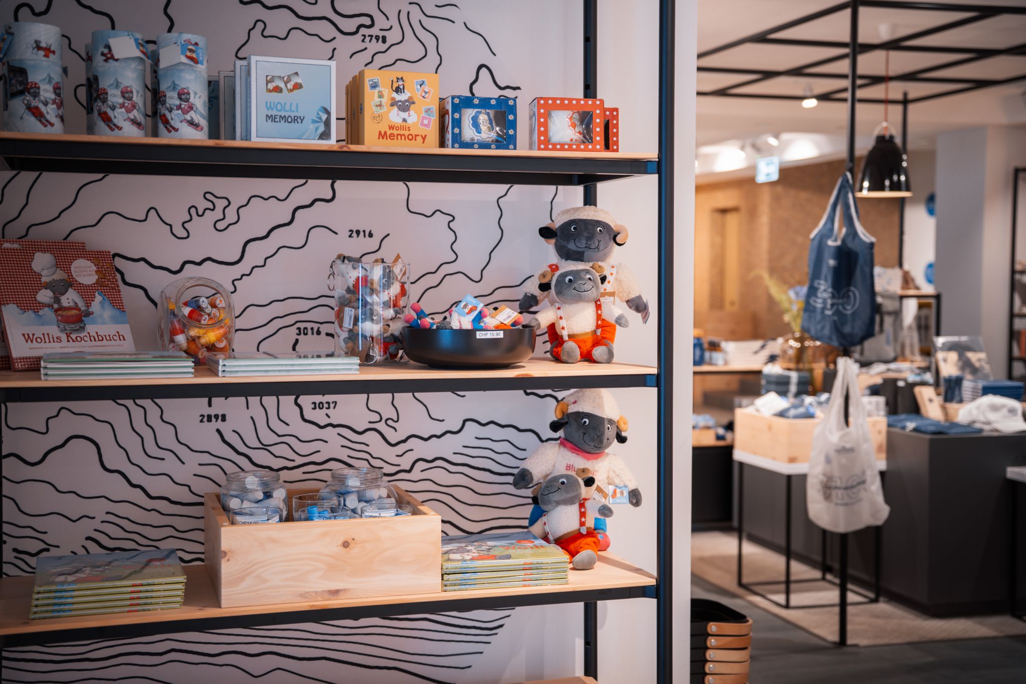 Regalsystem mit Kuscheltieren, B&uuml;chern und Spielzeug vor einer Wand mit Linienzeichnung