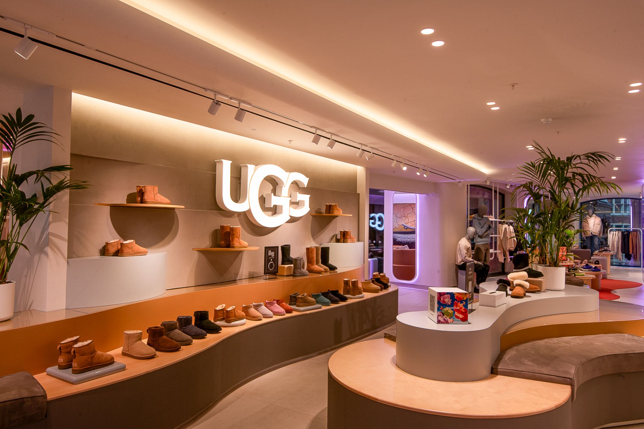 Tienda de calzado moderna con estanter&iacute;as elegantes que exhiben productos de alta calidad, rodeada de una iluminaci&oacute;n c&aacute;lida y un interior sofisticado.