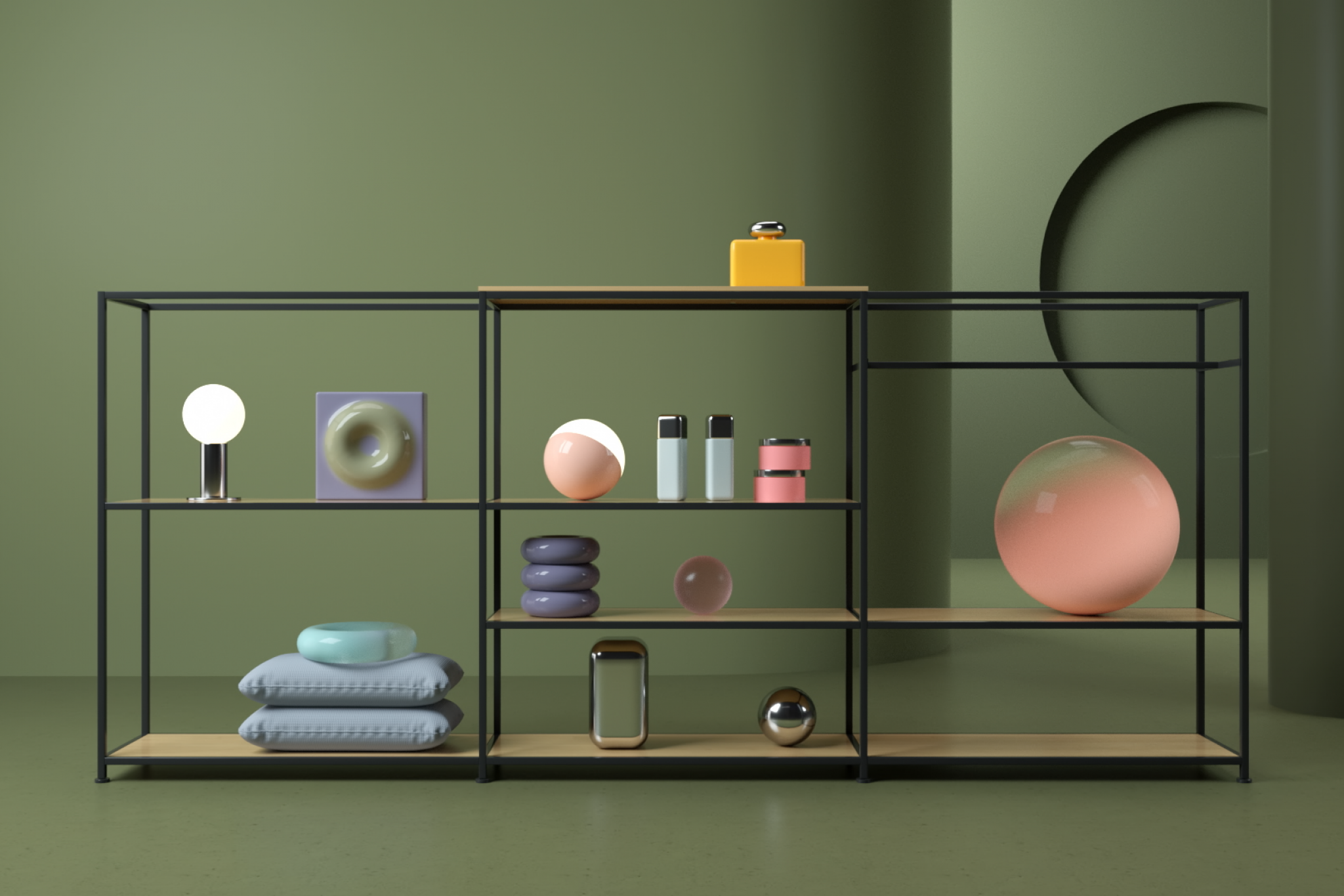 &Eacute;tag&egrave;re en m&eacute;tal noir avec plusieurs compartiments contenant des objets d&eacute;coratifs ronds et rectangulaires aux couleurs pastel sur fond vert.