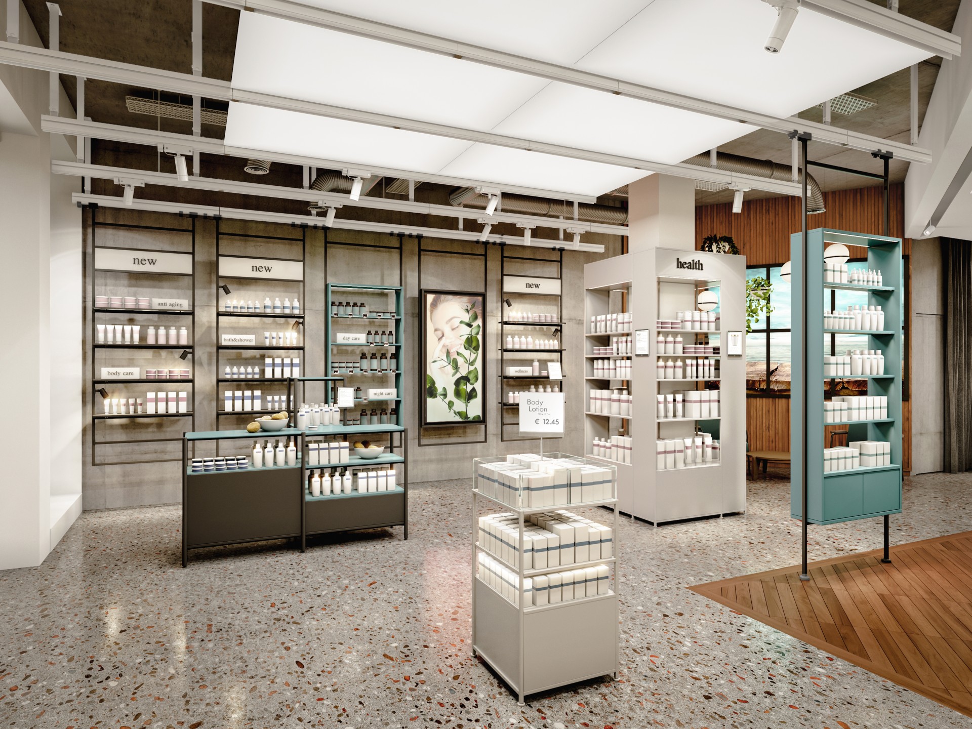 Moderne Verkaufsfl&auml;che einer Apotheke mit ausgestatteten Regalen.