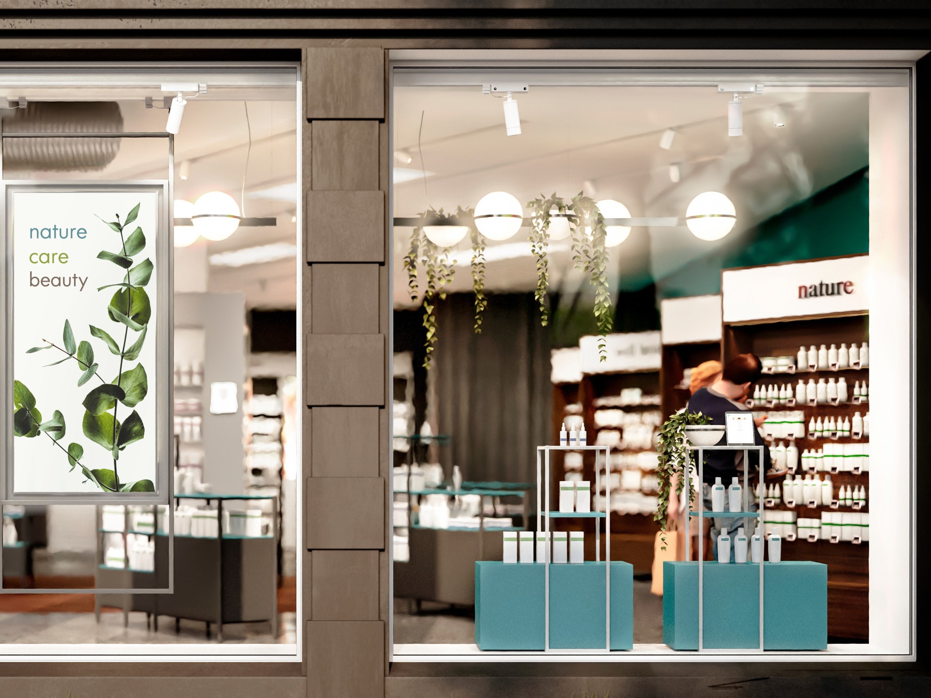 Schaufenster mit Einblick in eine Apotheke.