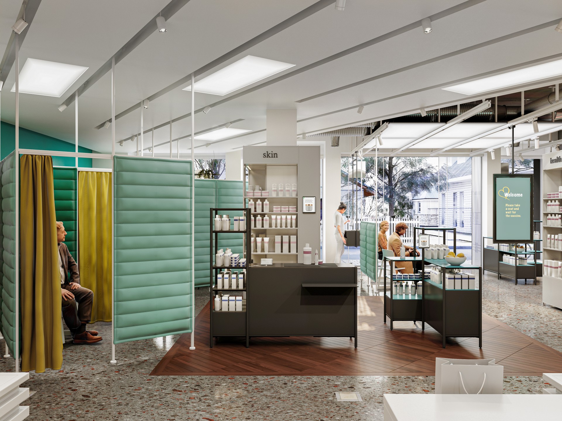 Eine moderne Verkaufsfl&auml;che von einer Apotheke mit einer Impf-Station.