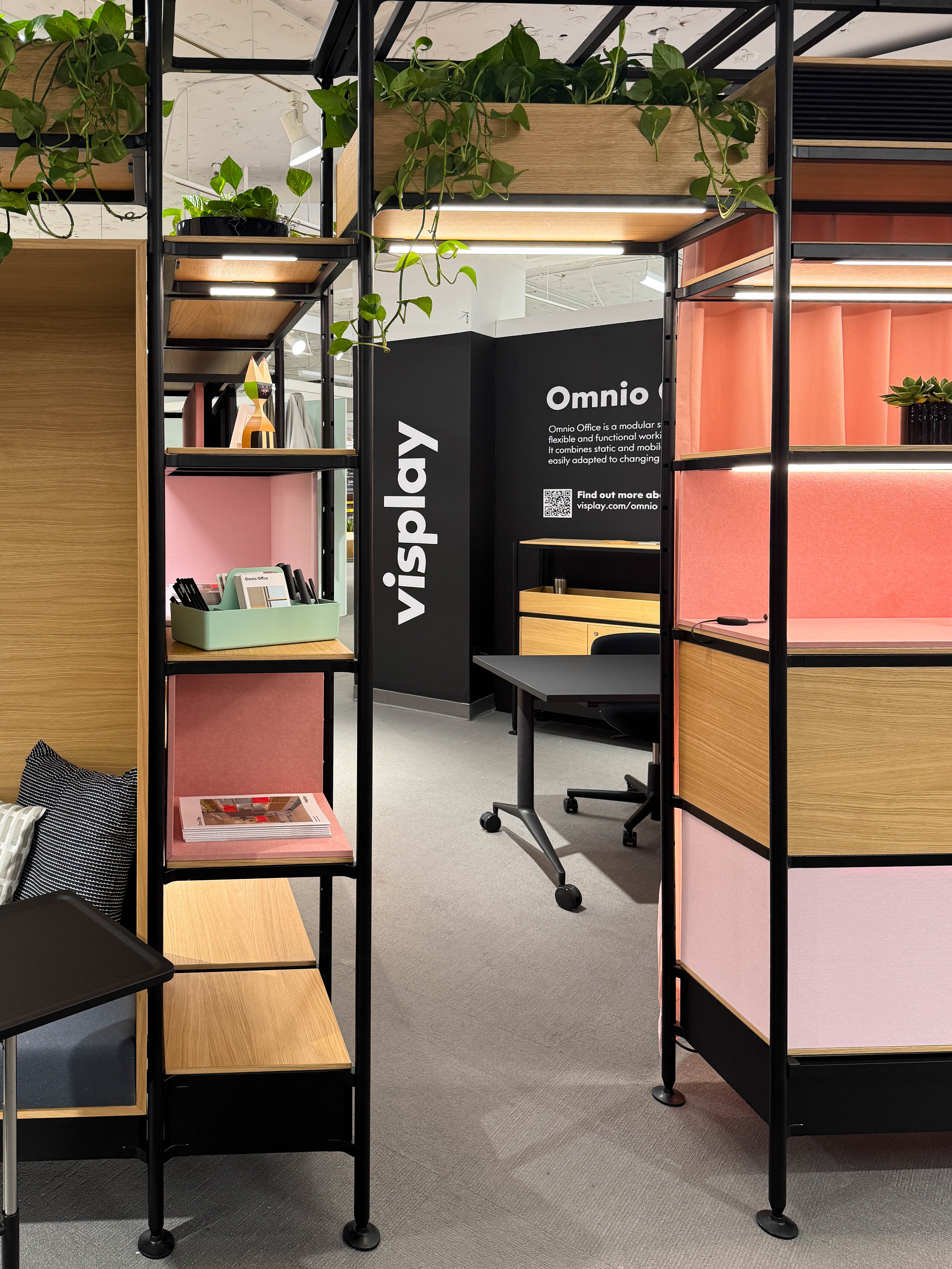 Open shelving system with black metal frame, wooden shelves, pink back panels, and green plants in a modern office.