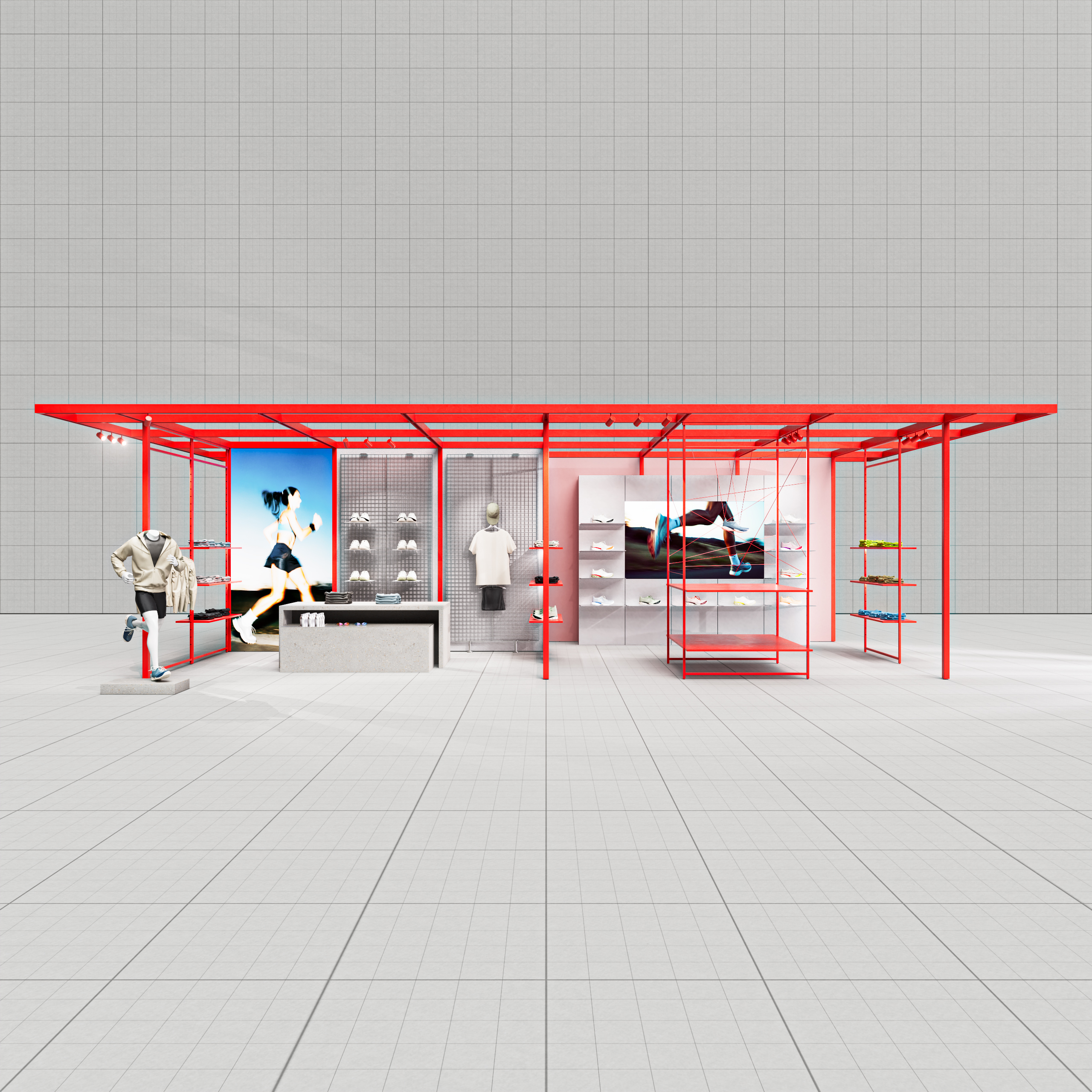 Rotes freistehendes System mit Sportbekleidung, Schuhen und gro&szlig;en Sportfotos an der R&uuml;ckwand in einem hellen Raum.