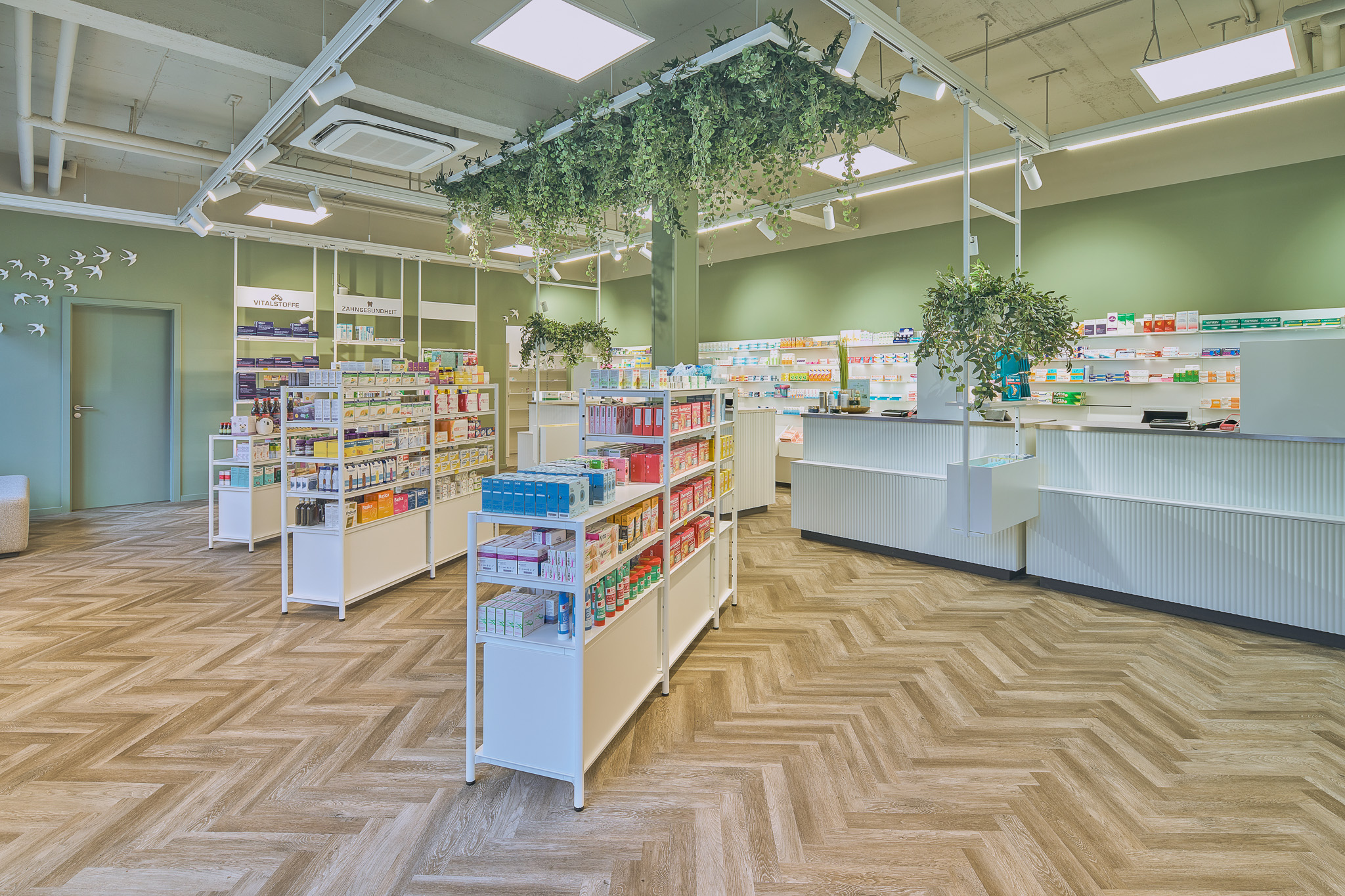 Apotheke mit wei&szlig;en Regalen voller Medikamente, h&auml;ngenden gr&uuml;nen Pflanzen und hellem Holzboden im Eingangsbereich.